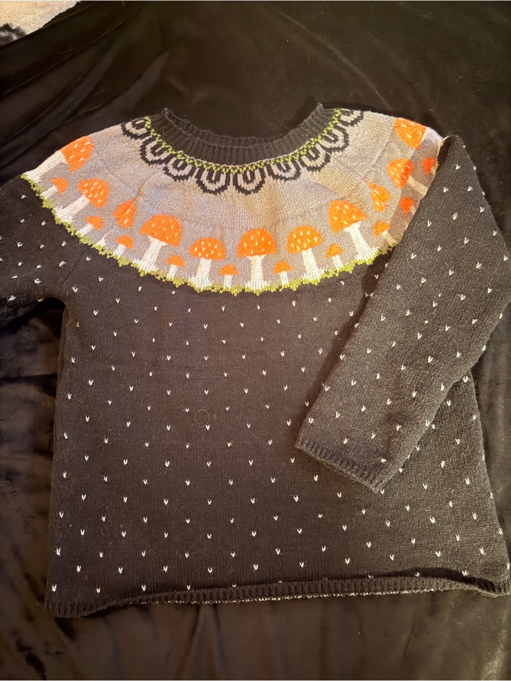 Black Sweater with Orange Mushroom Yoke. Vintage Art Print Sweater